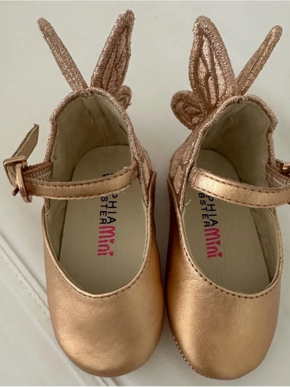 Sophia Webster Mini Rose Gold Mary Jane Shoes with Fairy Wing Bows